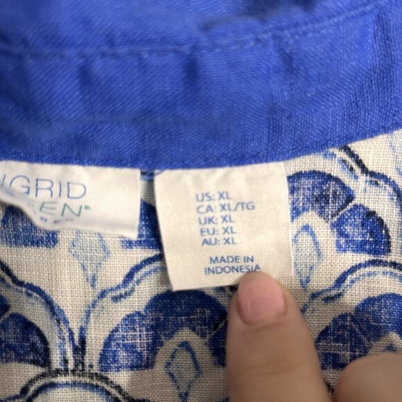 Sigrid Olsen Size XL Linen Blue Collared Scalloped Tunic Blouse Top - Picture 4 of 6